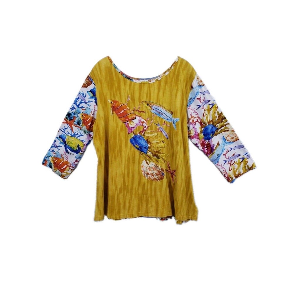 Parsley & Sage Top Size 1X Mustard Multi Ocean Fish Applique Print Coastal Artsy